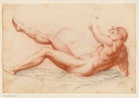 Prostrate male nude turned left leaning on his right arm and lifting his left arm and right leg up by Filippo Esegrenio