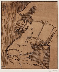 Woman reading a book. Half figure in profile to right by Ugo Da Carpi