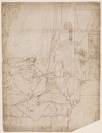 Bedridden pope listens to men conversing in an adjacent room  by Camillo Procaccini