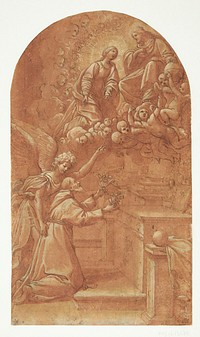 A kneeling Franciscan (Frans of Assisi?), supported by an angel, holds out flowers with both hands towards the enthroned Christ, who appears supported by angels and with Mary interceding at his side by Leonello Spada