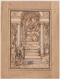 Two men in antique dress in front of a grave monument by François Chauveau