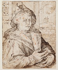 Portrait of a man with a hat and fur-brimmed cloak, facing h. T.h.through a window opening view to other rooms by Jacob Matham