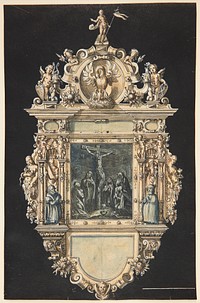 Draft of an epitaph with the crucifixion of Christ. A richly ornamented frame with numerous figures by Hermann Weyer