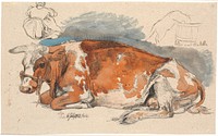 Lying cow.Above left, a seated peasant girl, t.h.a cat drinking from a dandelion by Johan Thomas Lundbye