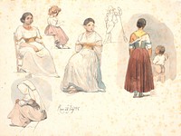 Four studies of Italian women, one with a child by her hand, as well as a study of a child and a study of a street sweeper by Johan Thomas Lundbye