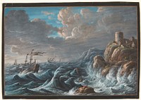 Sea piece with a rocky coast and ships in rough seas by Barbara Regina Dietzsch