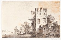 Square tower by a river, Anthonie Waterloo