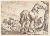 Two horses, one eating leaves from a tree, b.v.two seated men by Clement De Jonghe