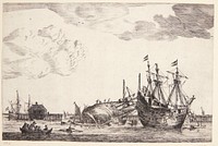 Two ships behind a breakwater, one keel-tailed by Carel Allardt