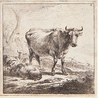 Standing cow and lying goats and sheep by Nicolaes Berchem