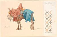 A mule in the process of eating its green fodder.On the right, on the attached paper, a decorative border by Johan Thomas Lundbye