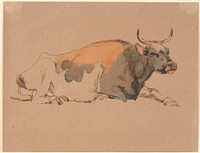 Lying red and black mottled cow by Johan Thomas Lundbye