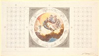 Draft ceiling decoration with cassettes and in the center a circular image with the morning spreading flowers by Nicolai Abildgaard