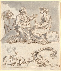 Draft scene of Apuleius' "The Golden Ass" Book 4. The robber gang's housekeeper tells the young girl the myth of Cupid and Psyche. Below, a pair of dolphins and a naked figure, possibly Aquarius - celestial sign for February and January by Nicolai Abildgaard