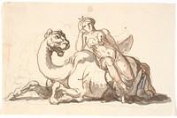 Female figure with turban and crescent moon, seated leaning against a fantastic camel. Allegory of Asia by Nicolai Abildgaard