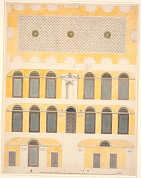 Made of ceiling and four walls in a large room with a centrally located niche on one long wall and flanking wall panels, above which are placed half-arched possibly window openings, as well as smaller frieze decorations by Nicolai Abildgaard