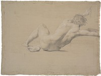 Semi-recumbent model. Seen from the back.Left arm extended, hand grasping a rope. Legs bent, right under left by Nicolai Abildgaard
