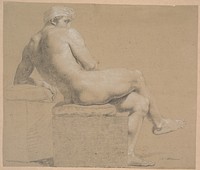 Seated model with scarf on head. Seated on plinth with pillow. Facing right. Reclining against a higher plinth on which the left arm rests. Legs crossed by Nicolai Abildgaard