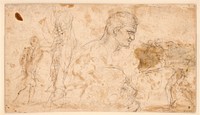 Studies of figures and heads;the figures on the far left and right are drawn from the front of the paper by Giovanni Angelo Canini