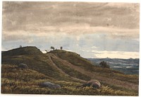 Landscape with a sandy road leading over a heather hill.To the right, a view of extensive land with peat bogs.From the Raageleje region? by P. C. Skovgaard