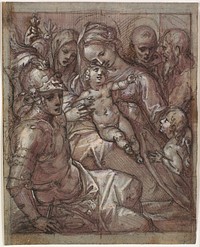 Virgin Mary and the baby Jesus with John the Baptist as a boy, Bernardino of Siena (?), Catherine of Siena, the archangel Michael and a bearded saint by Francesco Rustici