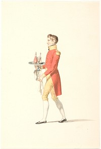 Royal footman with tray of decanters and a glass by Johannes Senn