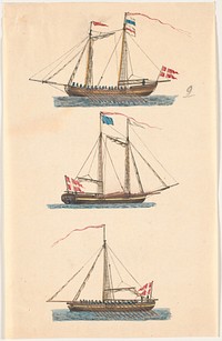 Three naval ships with Danish flags.Oar powered by C. A. Lorentzen