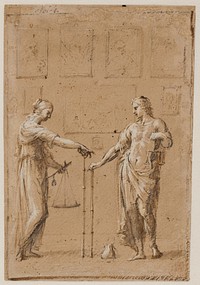 A man and a woman in antique costumes, each with a scale and a ruler, standing before a wall of paintings.On the floor in front of the man is a purse by Giovanni Angelo Canini