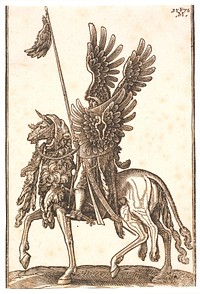 Mounted, richly equipped soldier (Deli?), profile to left;sword and club at side, eagle's wings on helmet, shield and lance;the horse's head and forebody covered with the whole skin of a lion