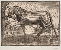 Horse, draped, profile to v., tethered to a tree;in the background city with cone-shaped castle in circular moat by Melchior Lorck