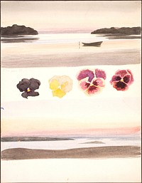 Two evening landscapes separated by studies of flowers by Agnes Slott-Møller