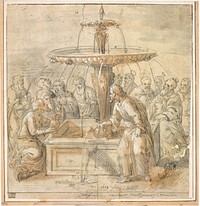 Saints with jars around fountain by Jan Deys