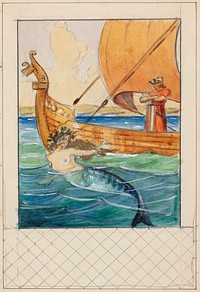 Illustration for Oehlenschläger with a mermaid and a king on a ship fitted into the draft frame by Agnes Slott-Møller