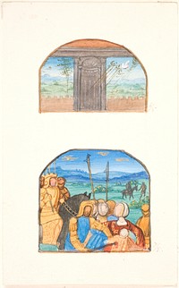 Sheet with copy of two different miniatures.At the top, the dove of the Holy Spirit and at the bottom a scene with knights in a landscape by Agnes Slott-Møller