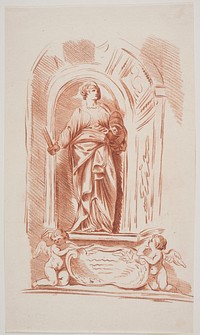 Allegorical female figure in robes with key, tiara and staff (?).Standing in a niche.Below, two angel children and a shield (?) by Jacques François Joseph Saly