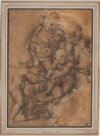 The Holy Family with John the Baptist as an infant.After Giulio Romano's "Madonna della Gatta" by Giulio Romano