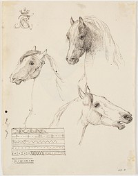 Chr.VIII's monogram, three studies of a horse's head, borts or patterns. by Johan Thomas Lundbye