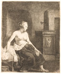 Woman sitting half dressed beside a stove by Rembrandt van Rijn