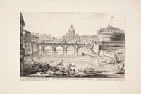 The Castel Sant' Angelo bridge with the castle (Hadrian's mausoleum), in the foreground the Tiber with boats and in the distance the dome of St. Peter's Basilica by Giovanni Battista Piranesi