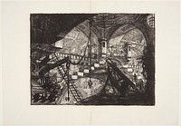 Hall with stairs and bridges, in the foreground an archway by Giovanni Battista Piranesi