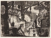 Hall with stairs, in front t.h.heavy iron chains and t.v.an oval lattice window by Giovanni Battista Piranesi