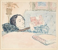 Interior with one of the artist's sisters reclining and reading by Harald Giersing