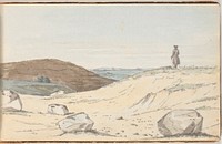 View over a heath or dune landscape.In the foreground some large hills;on one of them stands a man looking out over the plain by Martinus Rørbye