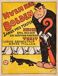 Layout for title page for "Hvem har Bolden".Caricatured portrait of Carl Alstrup by Robert Storm Petersen