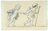 Vignette with walking boy and girl holding hands by Lorenz Frølich