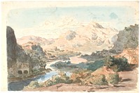 Italian mountain landscape with a river and t.v.a building by Lorenz Frølich