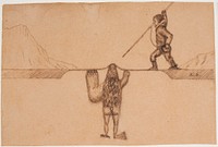 Motif from an East Greenlandic legend (A prisoner raises his harpoon against a sea creature, tupilak, which is half seal half seal half human and with a bear's mitt and bird's claw) by Kaarale Andreassen