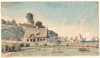 Coastal landscape with thatched houses. by P. C. Skovgaard