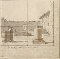 The linear perspective, applied to the art of painting - Draft for unused illustration - Southern courtyard with farmer, wine barrel and column fragment. by C.W. Eckersberg