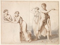 Four study figures, three female and one male in antique costumes. by C.W. Eckersberg